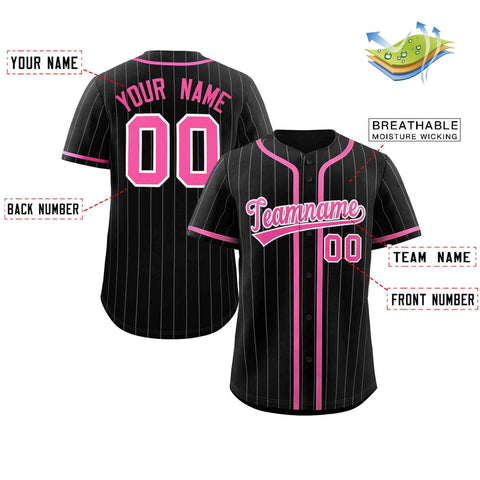 Custom Black Pink-Light Gray Stripe Fashion Design Full Button Authentic Baseball Jersey