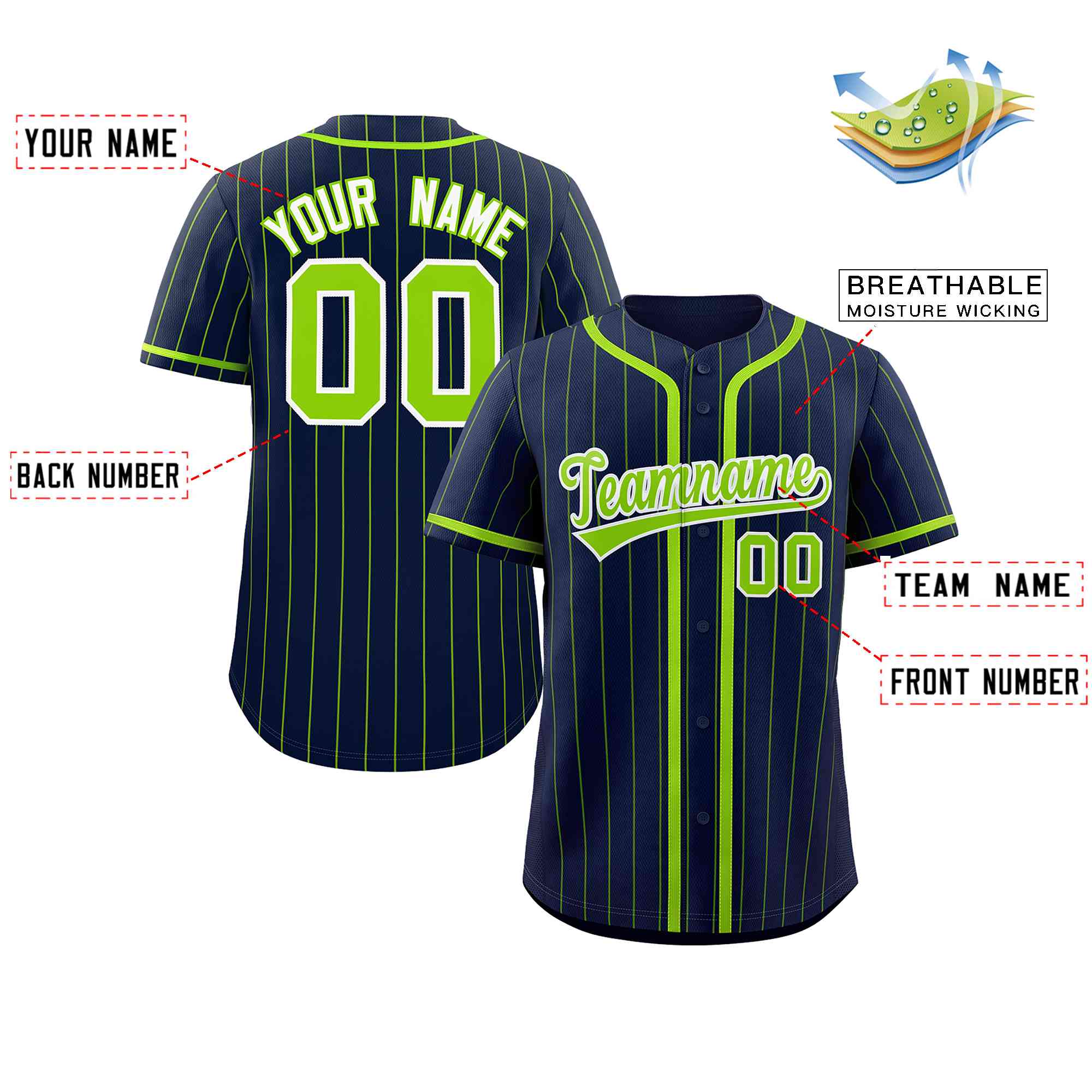 Custom Navy Neon Green Stripe Fashion Design Full Button Authentic Baseball Jersey