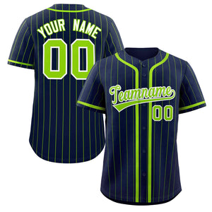 Custom Navy Neon Green Stripe Fashion Design Full Button Authentic Baseball Jersey