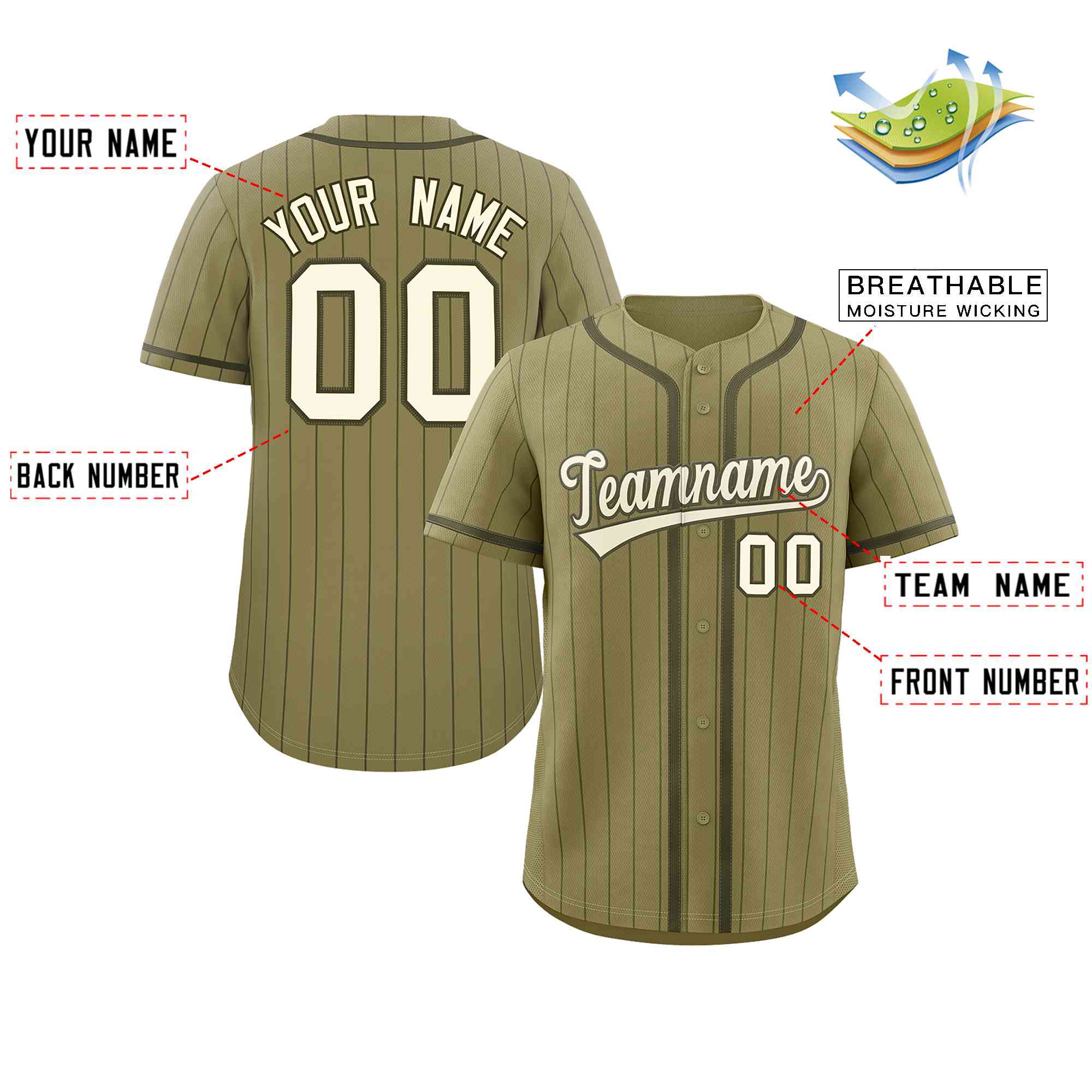 Custom Desert Yellow Olive Stripe Fashion Design Full Button Authentic Baseball Jersey