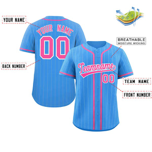 Custom Powder Blue Pink-White Stripe Fashion Design Full Button Authentic Baseball Jersey