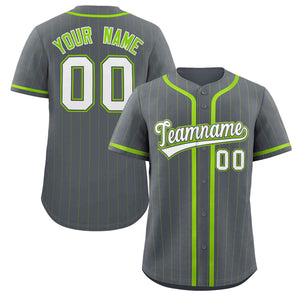 Custom Gray White-Neon Green Stripe Fashion Design Full Button Authentic Baseball Jersey