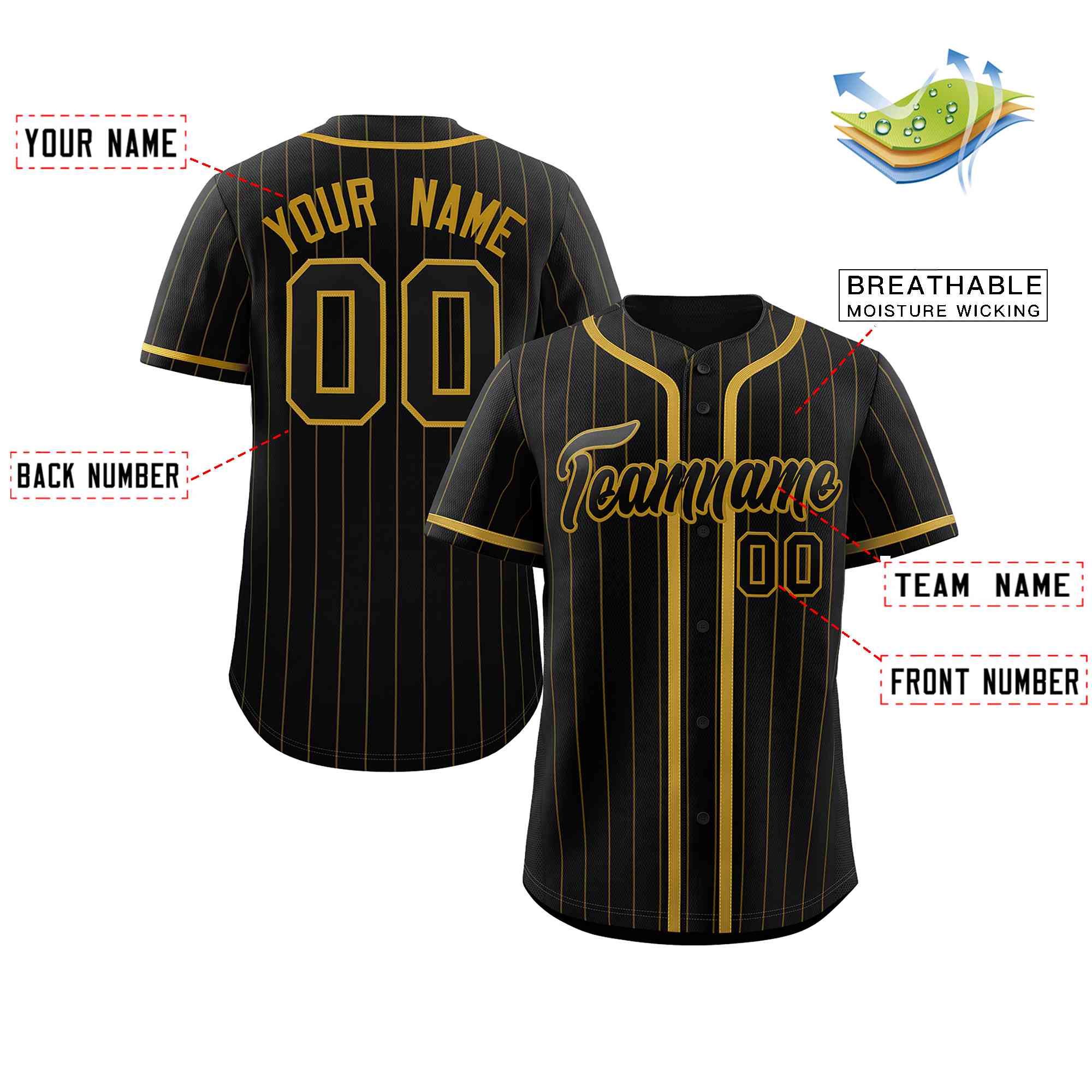 Custom Black Old Gold Stripe Fashion Design Full Button Authentic Baseball Jersey