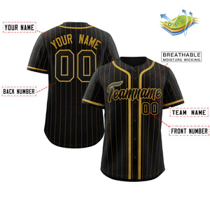 Custom Black Old Gold Stripe Fashion Design Full Button Authentic Baseball Jersey