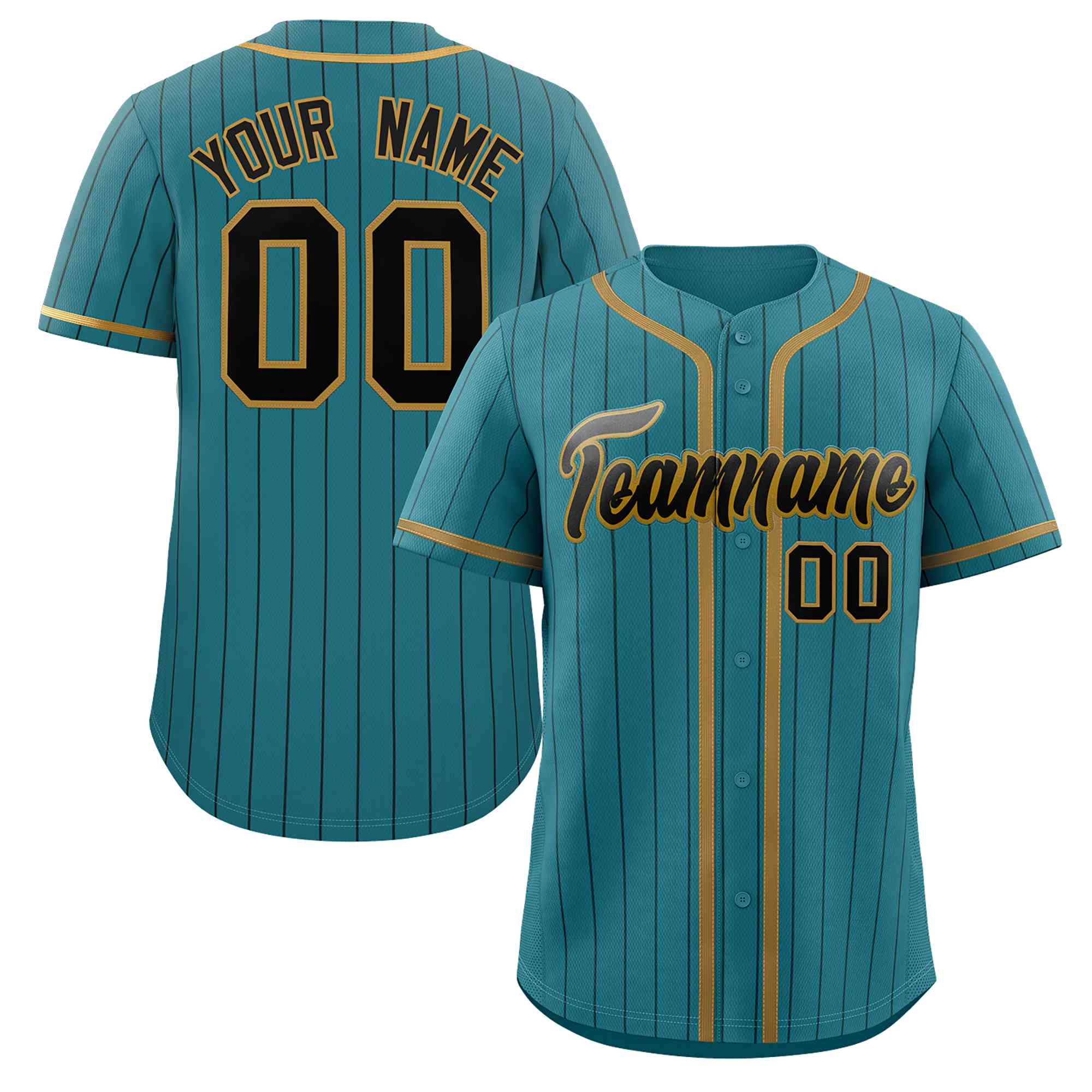 Custom Aqua Old Gold-Black Stripe Fashion Design Full Button Authentic Baseball Jersey