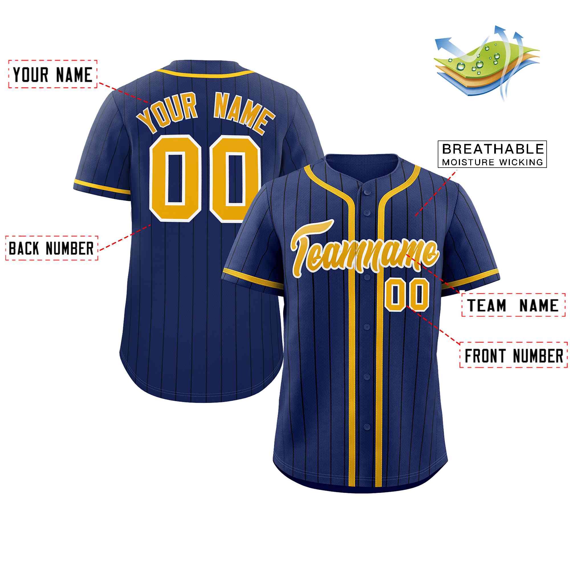 Custom Navy Gold-Black Stripe Fashion Design Full Button Authentic Baseball Jersey