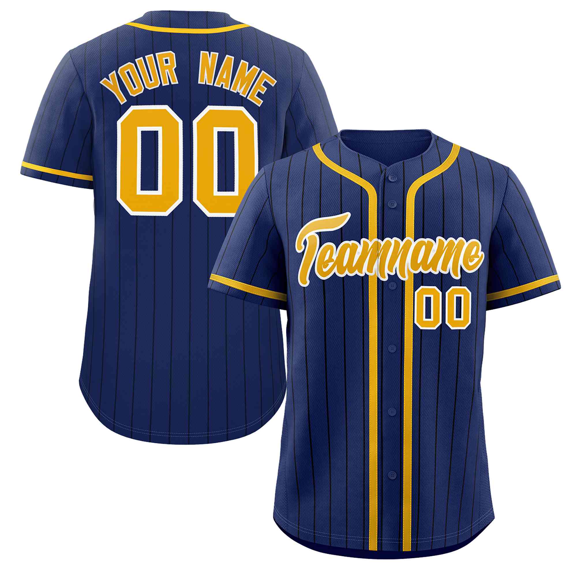 Custom Navy Gold-Black Stripe Fashion Design Full Button Authentic Baseball Jersey