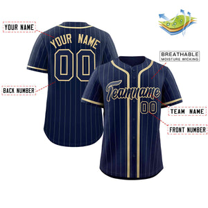 Custom Navy Cream-Light Gray Stripe Fashion Design Full Button Authentic Baseball Jersey