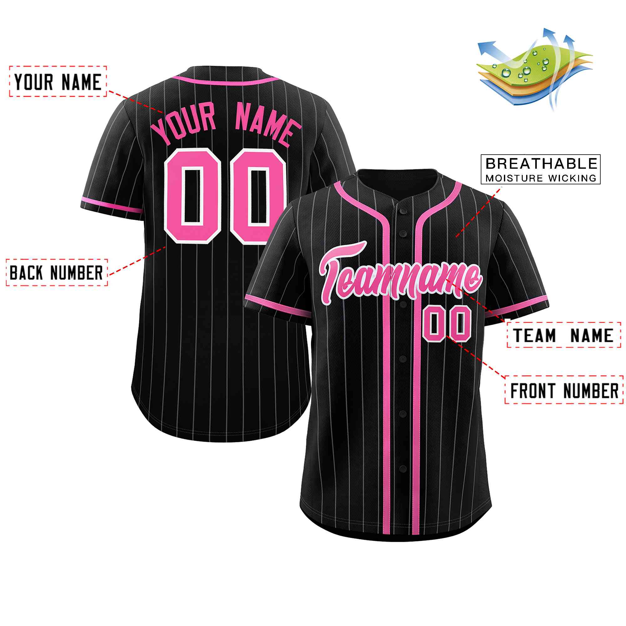 Custom Black Pink-Light Gray Stripe Fashion Design Full Button Authentic Baseball Jersey