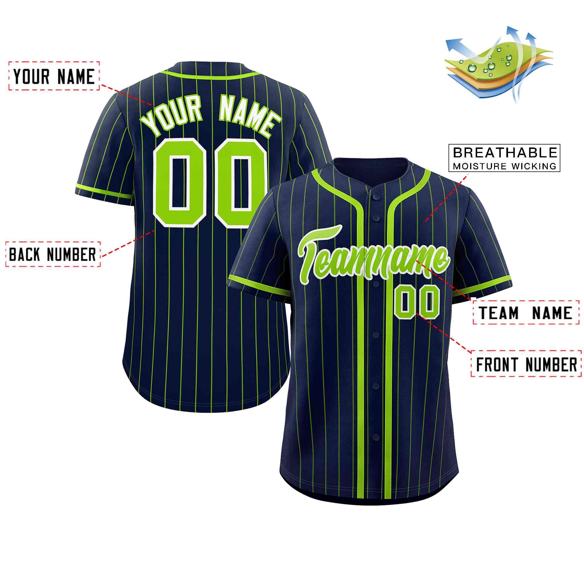 Custom Navy Neon Green Stripe Fashion Design Full Button Authentic Baseball Jersey