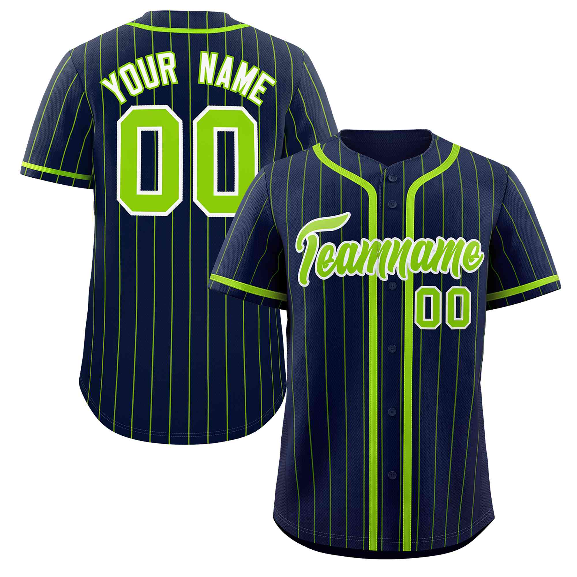 Custom Navy Neon Green Stripe Fashion Design Full Button Authentic Baseball Jersey