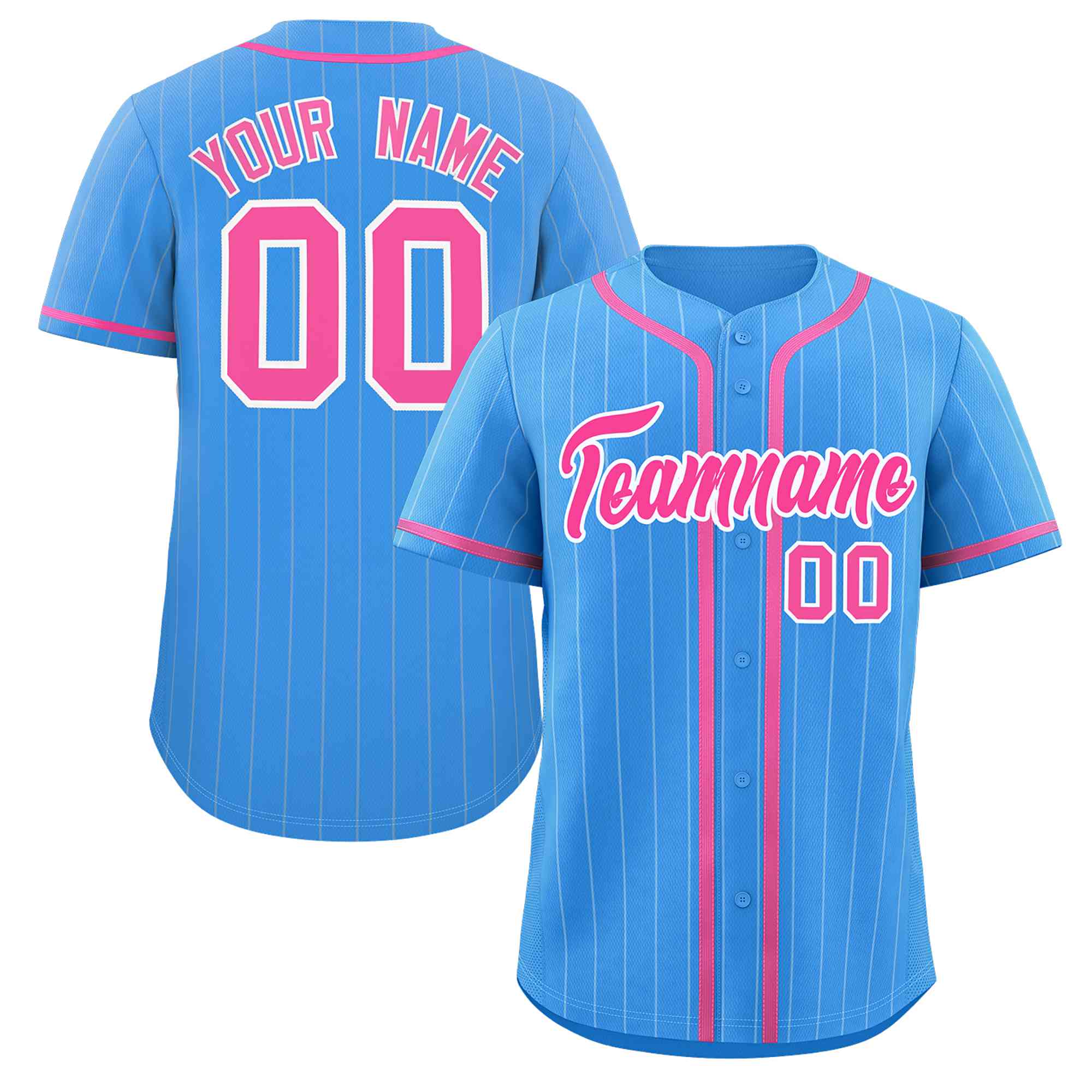 Custom Powder Blue Pink-White Stripe Fashion Design Full Button Authentic Baseball Jersey