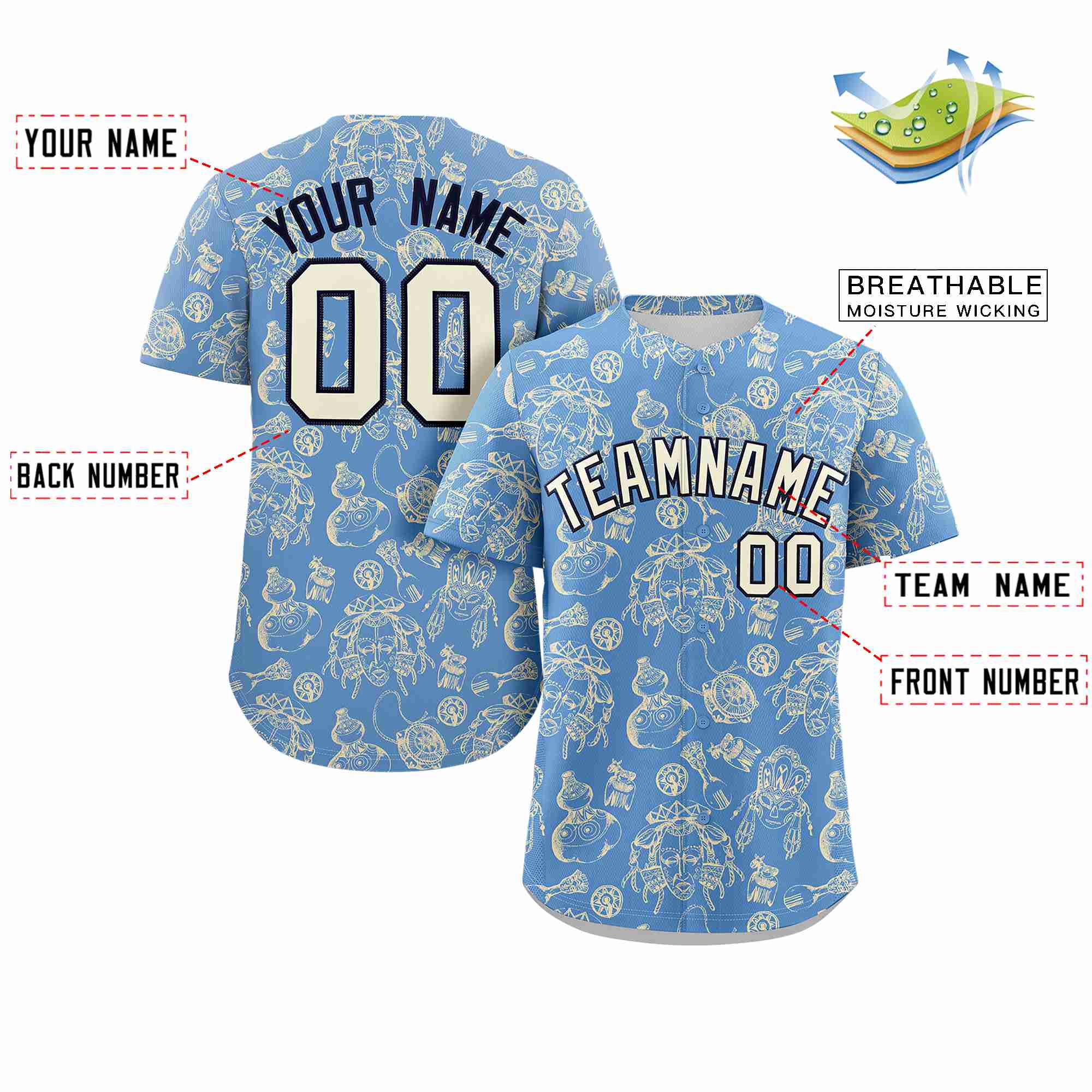 Custom Light Blue 3D Graffiti Pattern Personalized Design Authentic Baseball Jersey