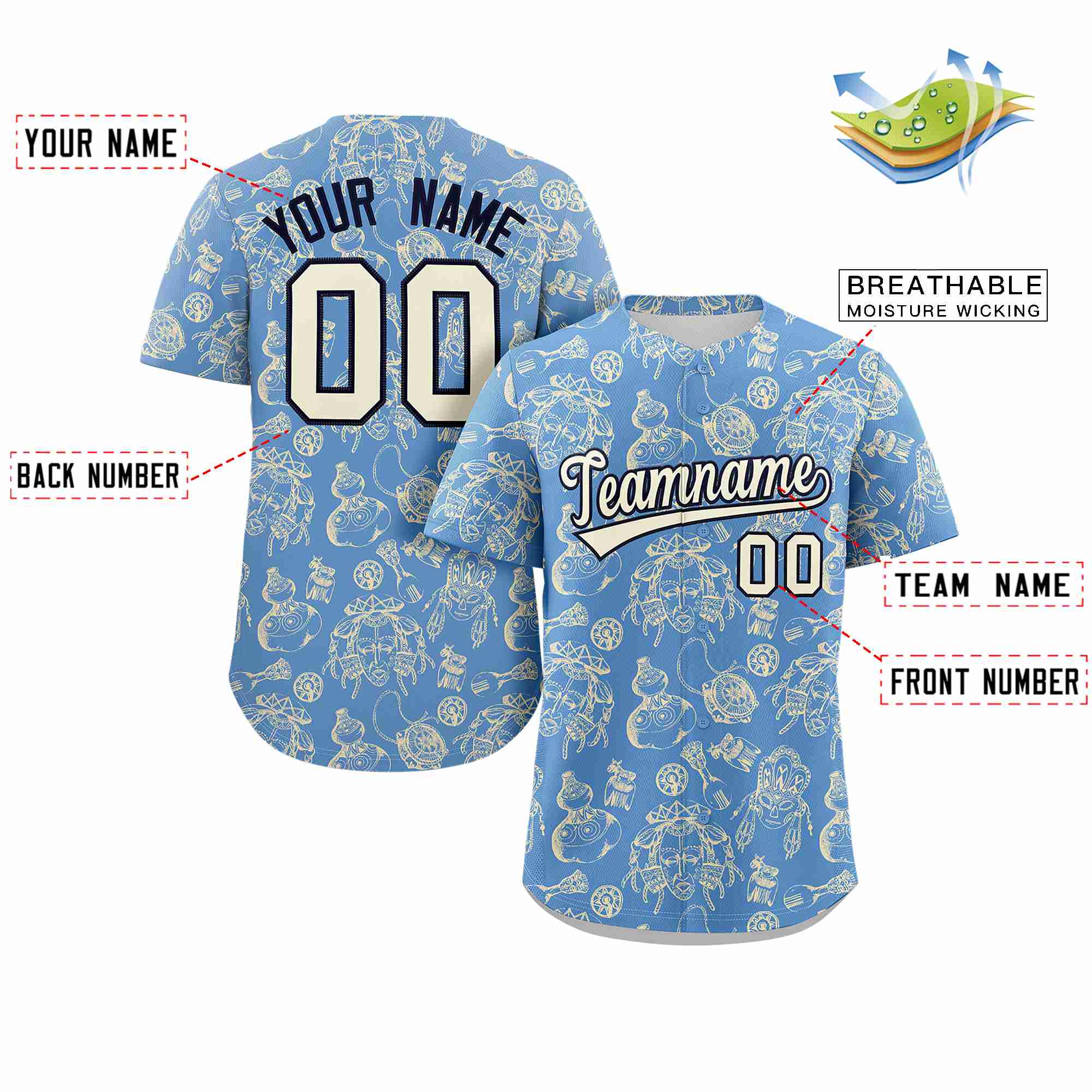 Custom Light Blue 3D Graffiti Pattern Personalized Design Authentic Baseball Jersey