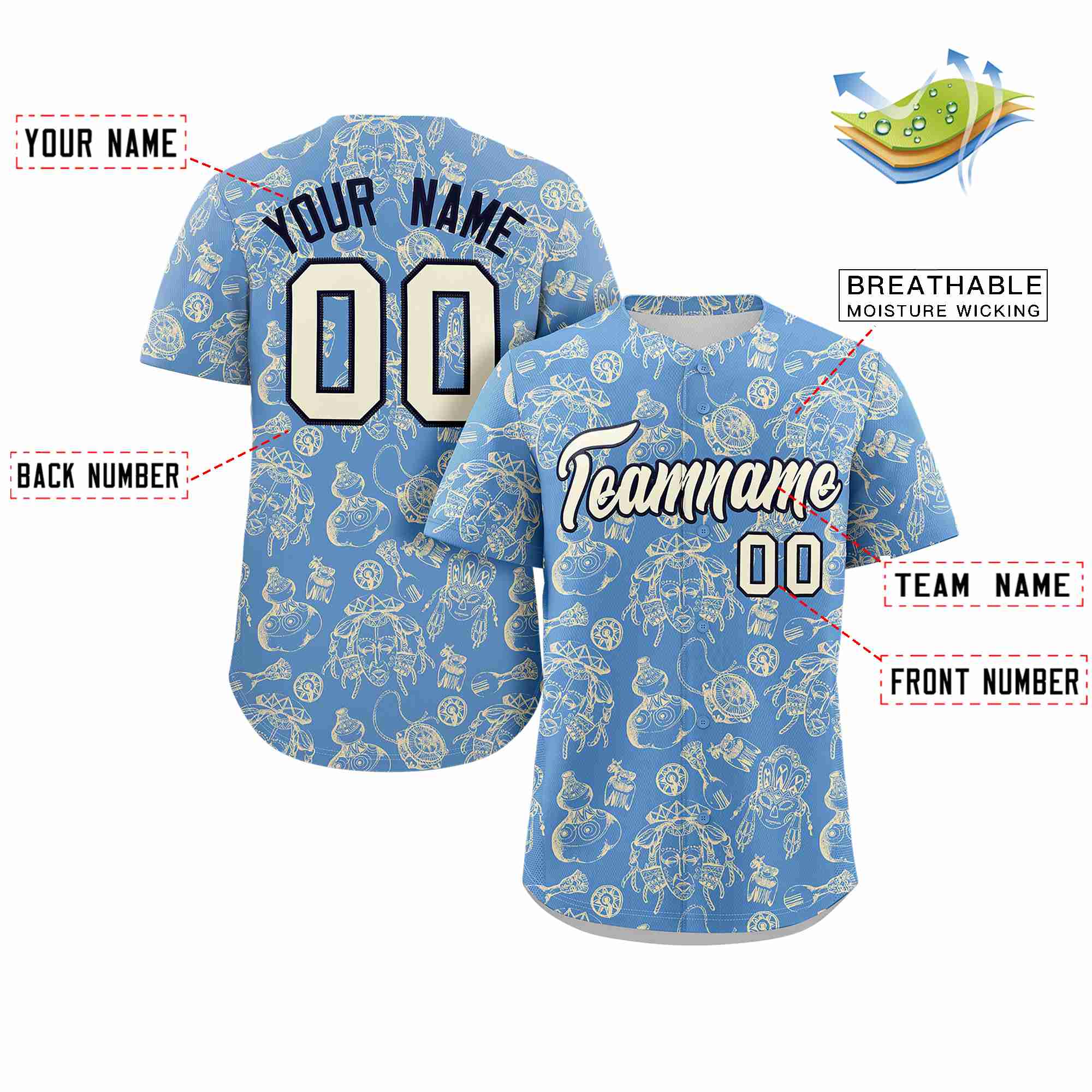 Custom Light Blue 3D Graffiti Pattern Personalized Design Authentic Baseball Jersey