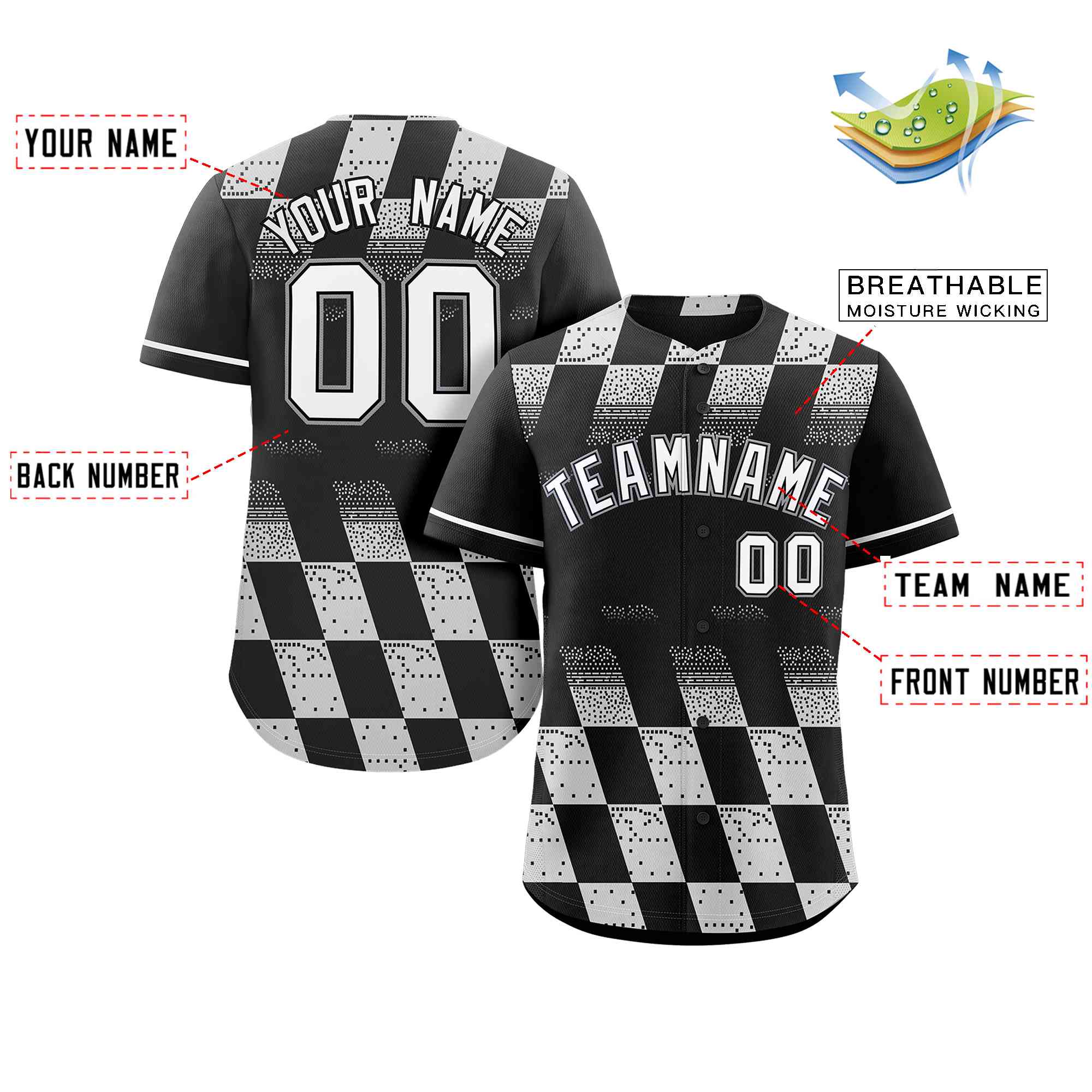 Maillot de baseball personnalisé, motif de blocs de couleurs, noir et blanc, personnalisé, authentique