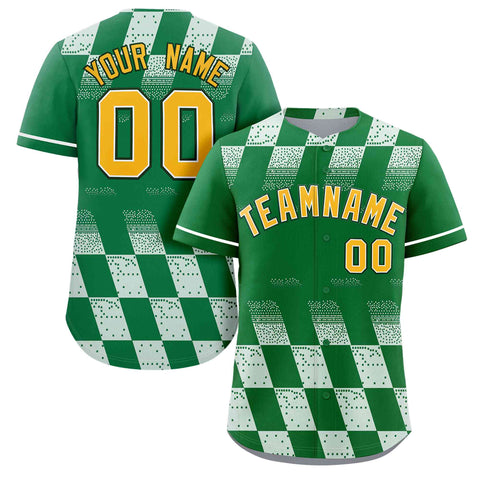 Custom Kelly Green White Grid Speckles Color Block Design Authentic Baseball Jersey