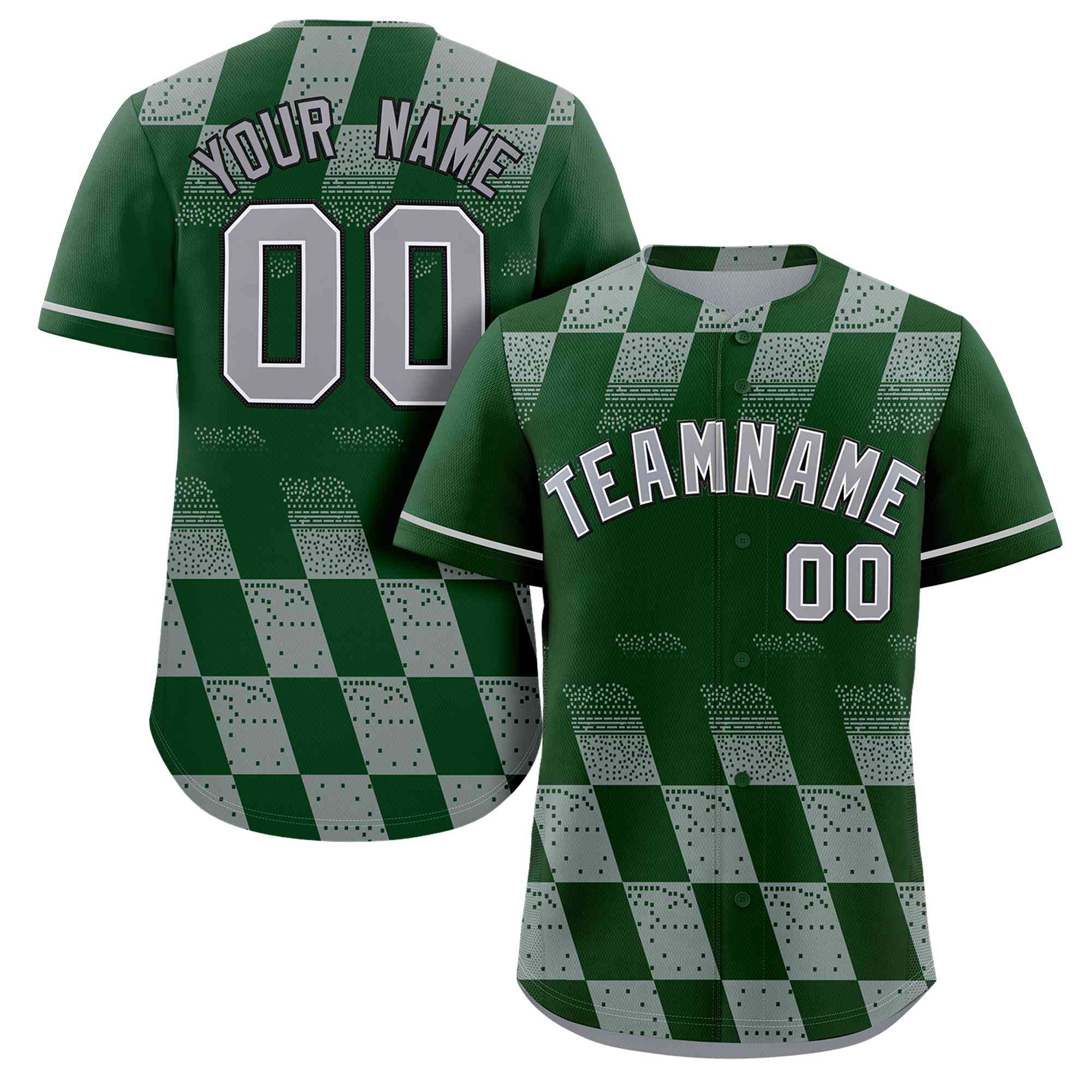 Custom Green Gray Grid Speckles Color Block Design Authentic Baseball Jersey