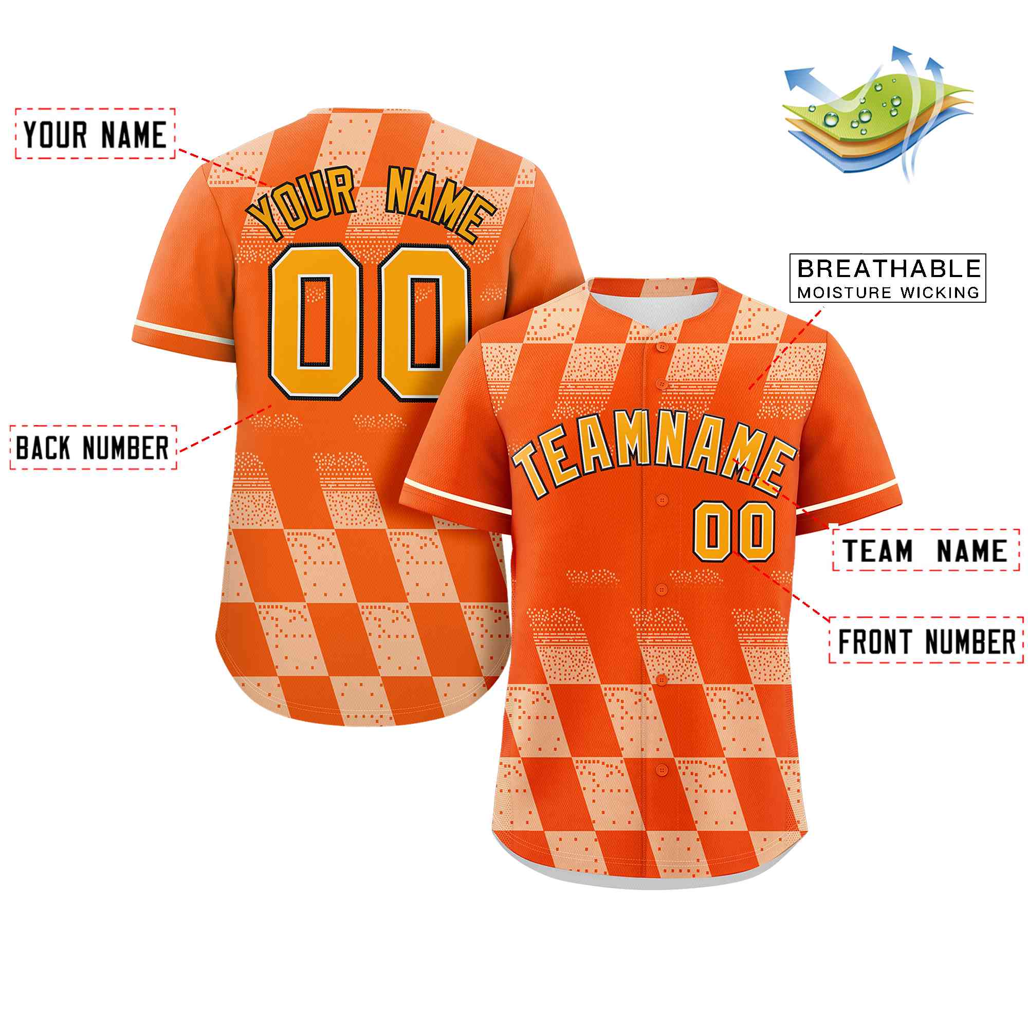 Custom Orange Cream Grid Speckles Color Block Design Authentic Baseball Jersey