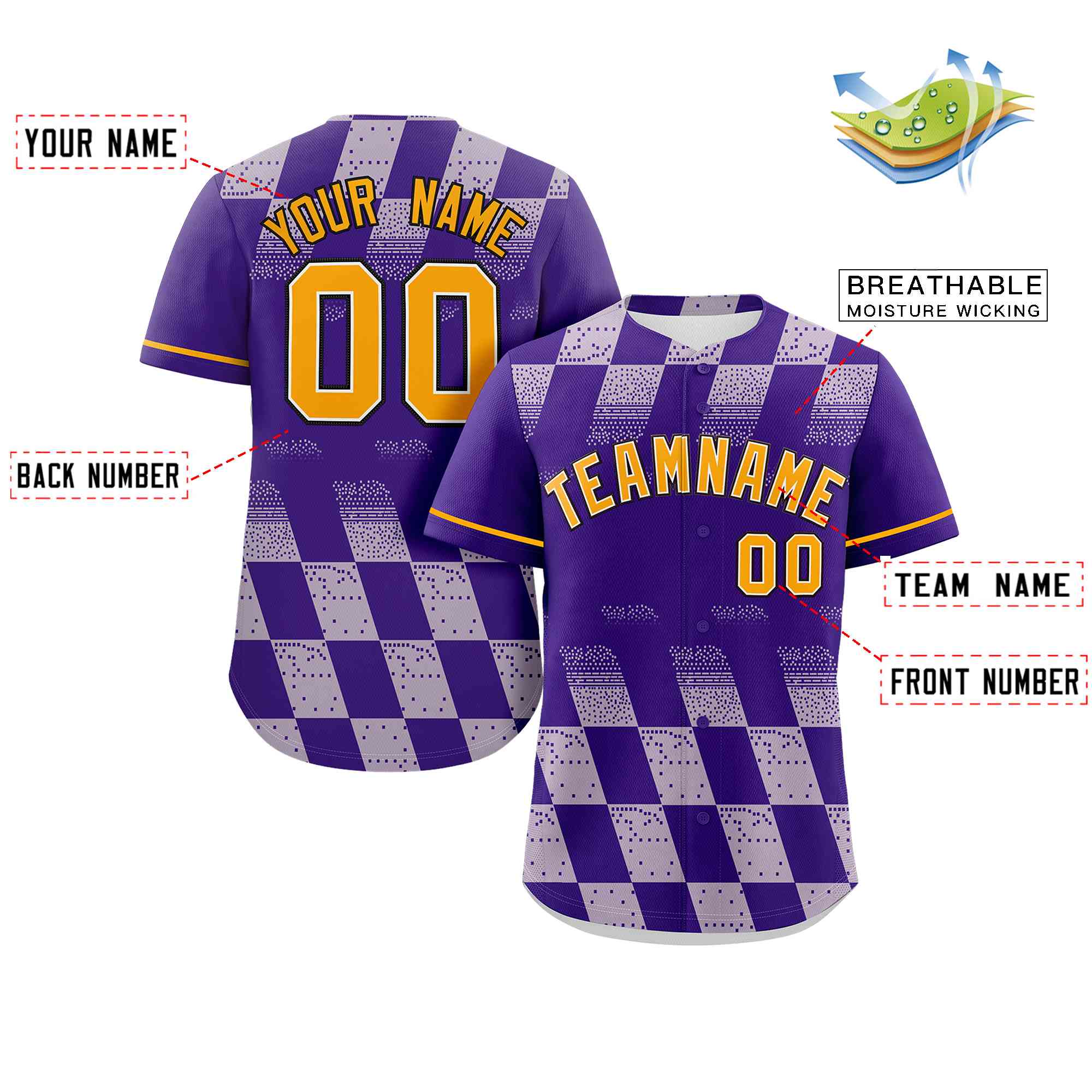 Custom Purple White Grid Speckles Color Block Design Authentic Baseball Jersey