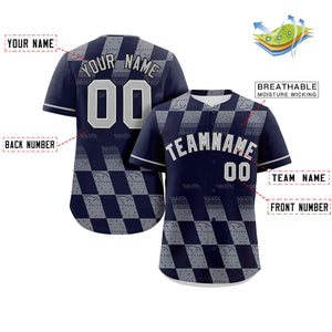 Custom Navy Gray Grid Speckles Color Block Design Authentic Baseball Jersey