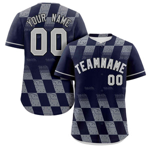 Custom Navy Gray Grid Speckles Color Block Design Authentic Baseball Jersey