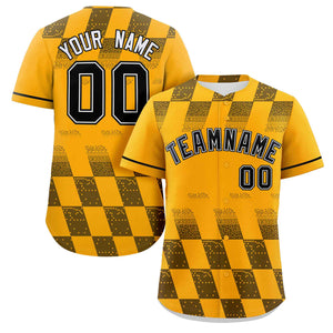 Custom Gold Black Grid Speckles Color Block Design Authentic Baseball Jersey