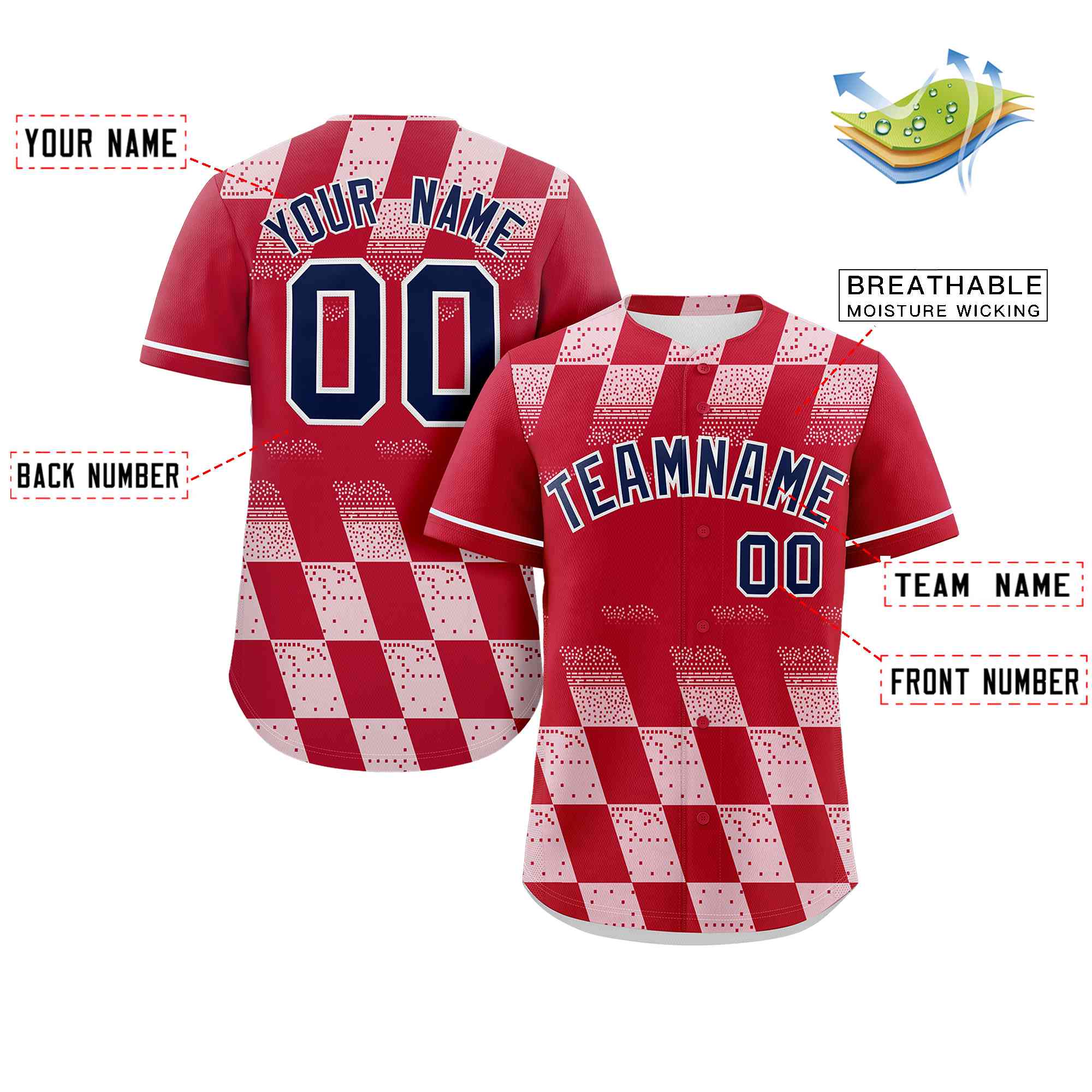 Custom Red White Grid Speckles Color Block Design Authentic Baseball Jersey