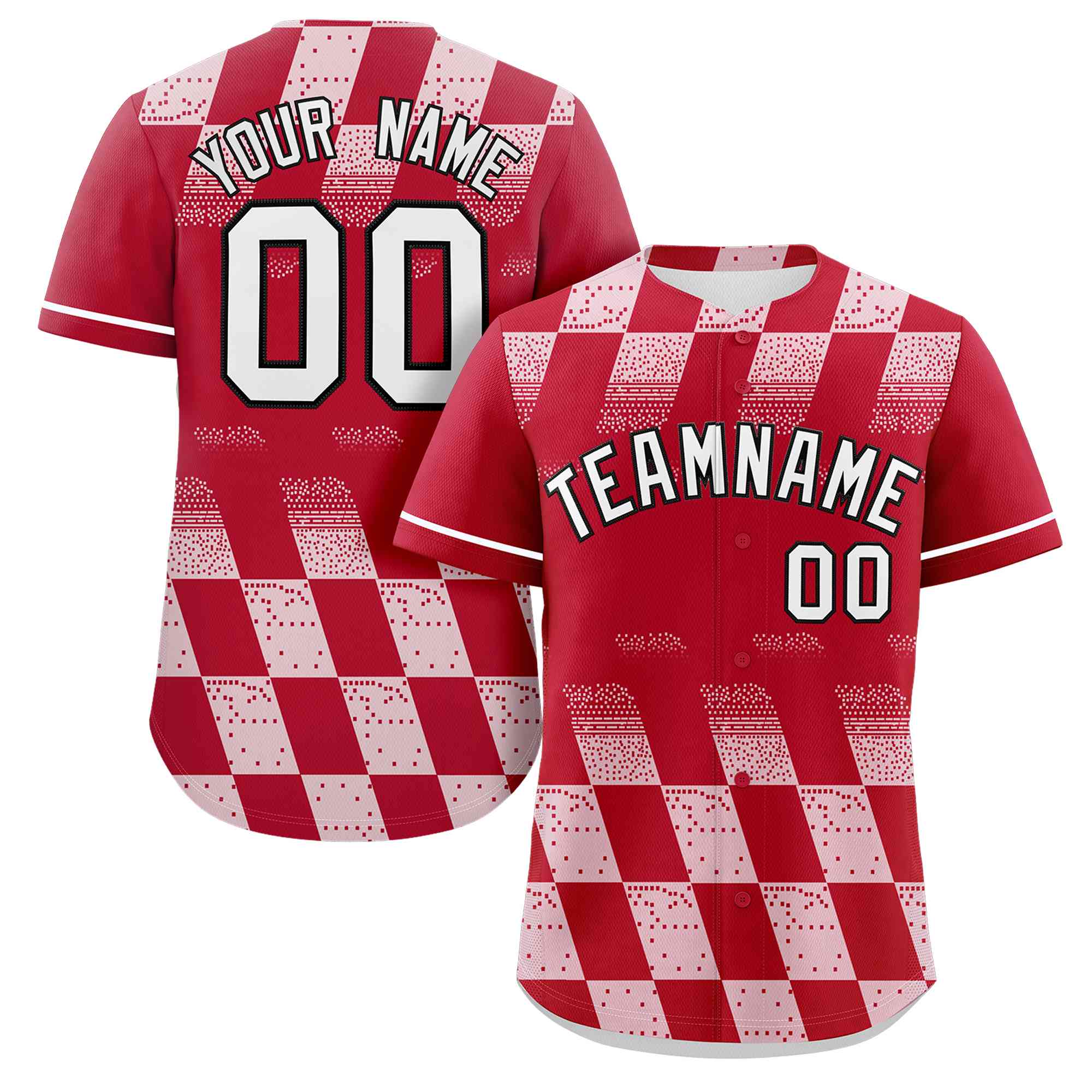 Custom Red White Grid Speckles Color Block Design Authentic Baseball Jersey