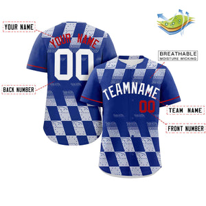 Custom Royal White Grid Speckles Color Block Design Authentic Baseball Jersey