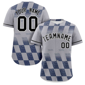 Custom Gray Navy Grid Speckles Color Block Design Authentic Baseball Jersey