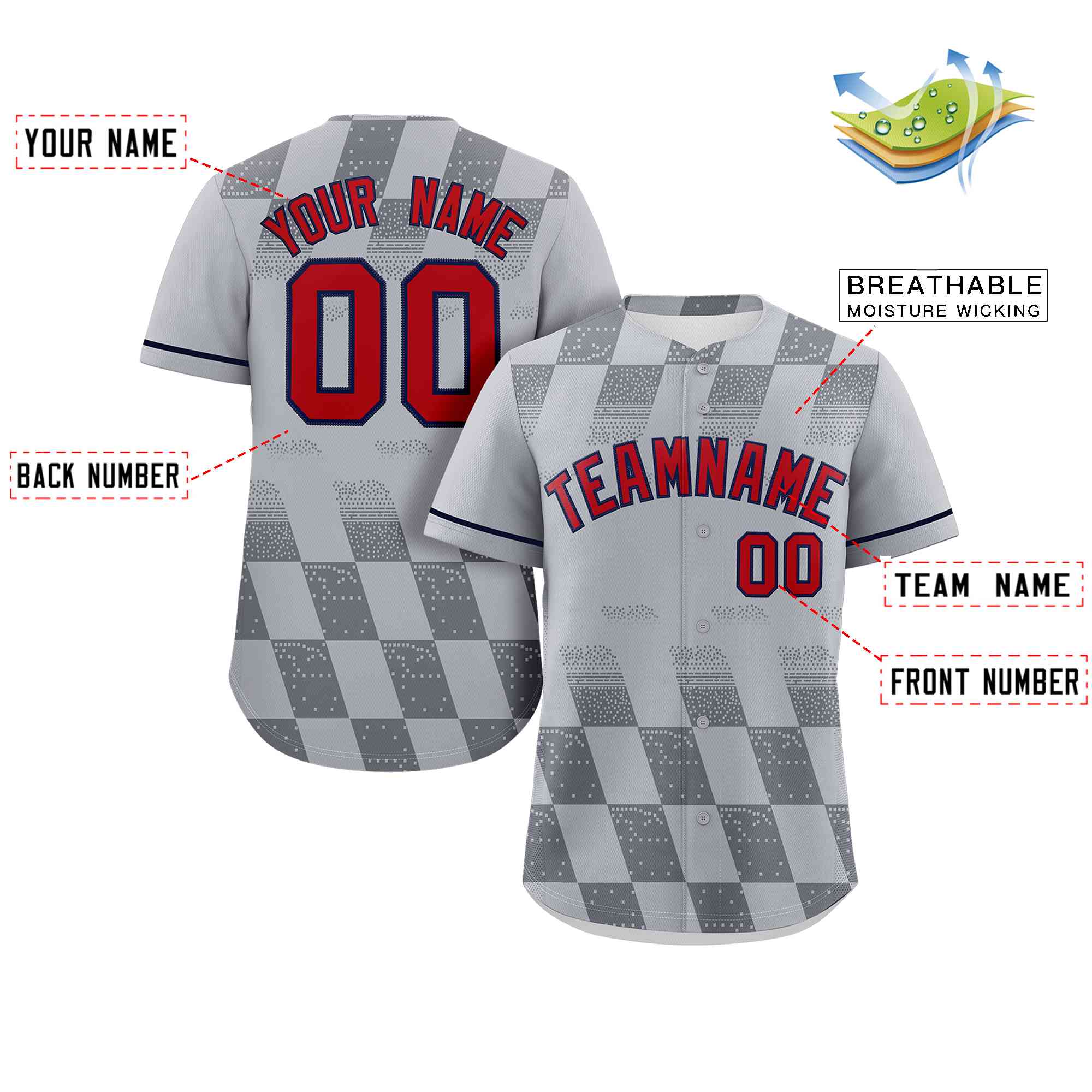 Custom Gray Red Grid Speckles Color Block Design Authentic Baseball Jersey