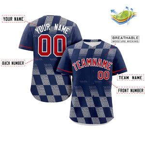 Custom Navy Gray Grid Speckles Color Block Design Authentic Baseball Jersey