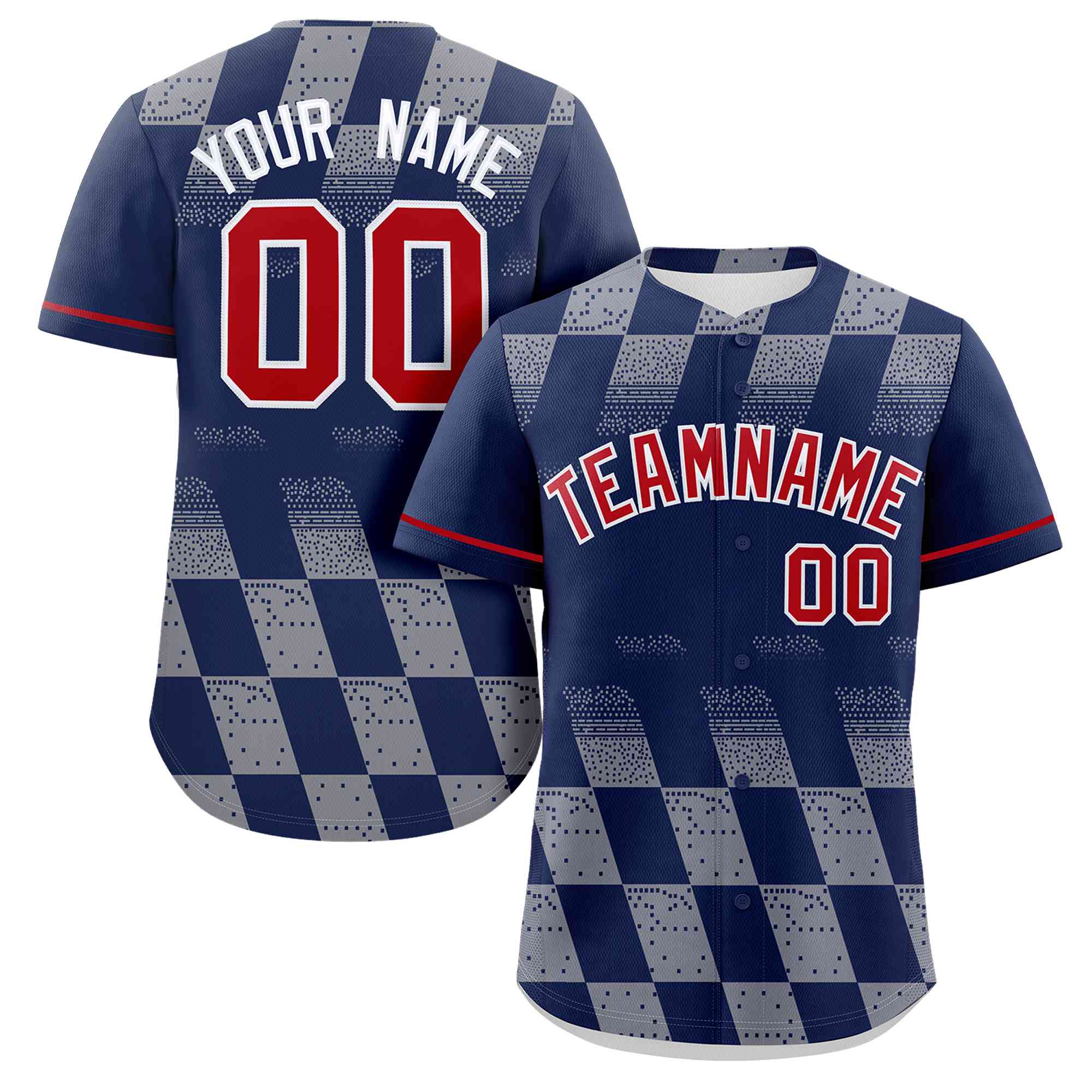 Custom Navy Gray Grid Speckles Color Block Design Authentic Baseball Jersey