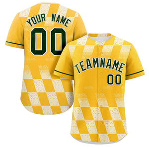 Custom Gold White Grid Speckles Color Block Design Authentic Baseball Jersey