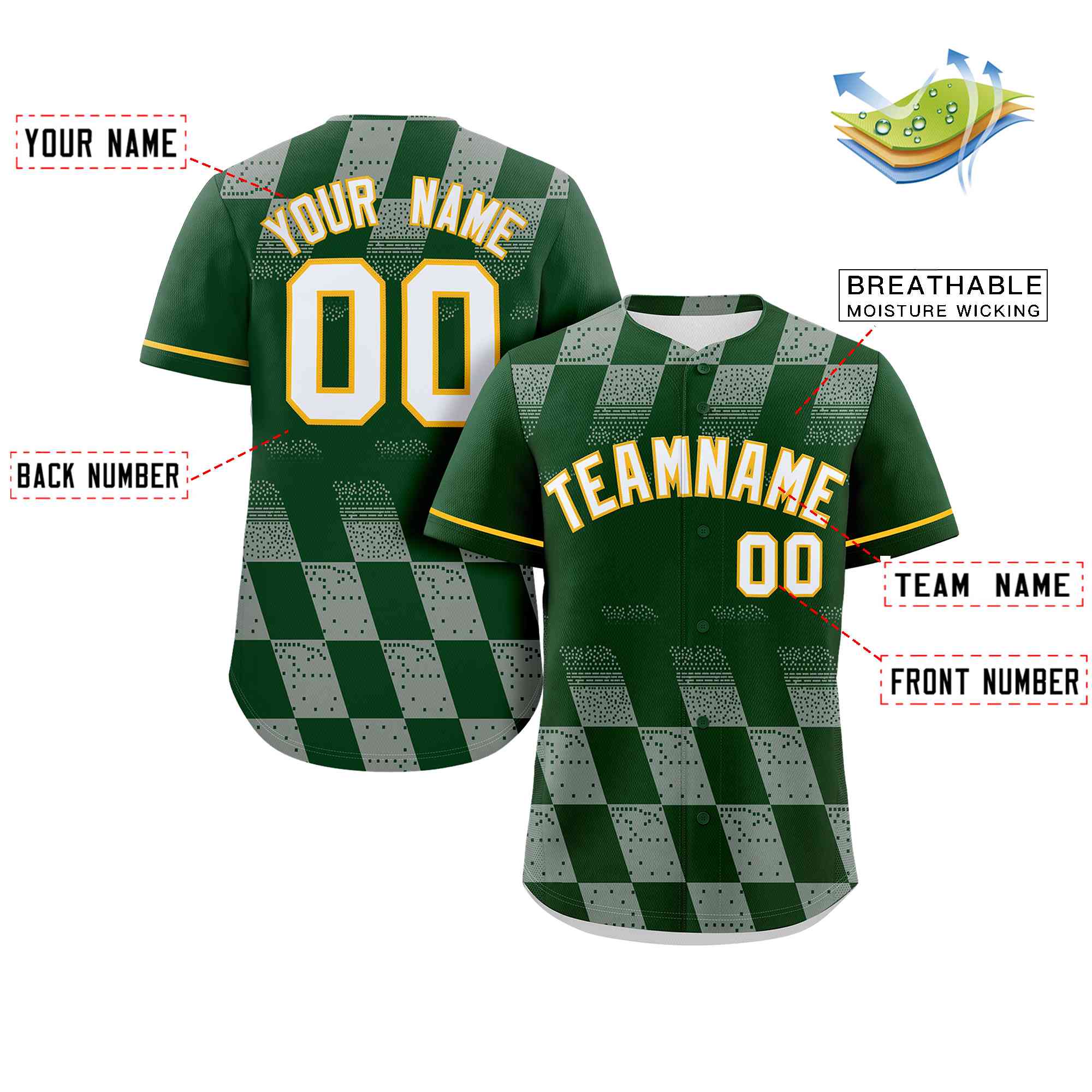 Custom Kelly Green Gray Grid Speckles Color Block Design Authentic Baseball Jersey