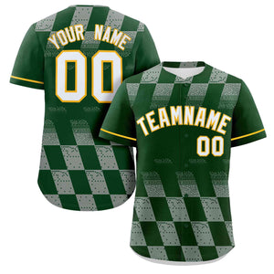 Custom Kelly Green Gray Grid Speckles Color Block Design Authentic Baseball Jersey