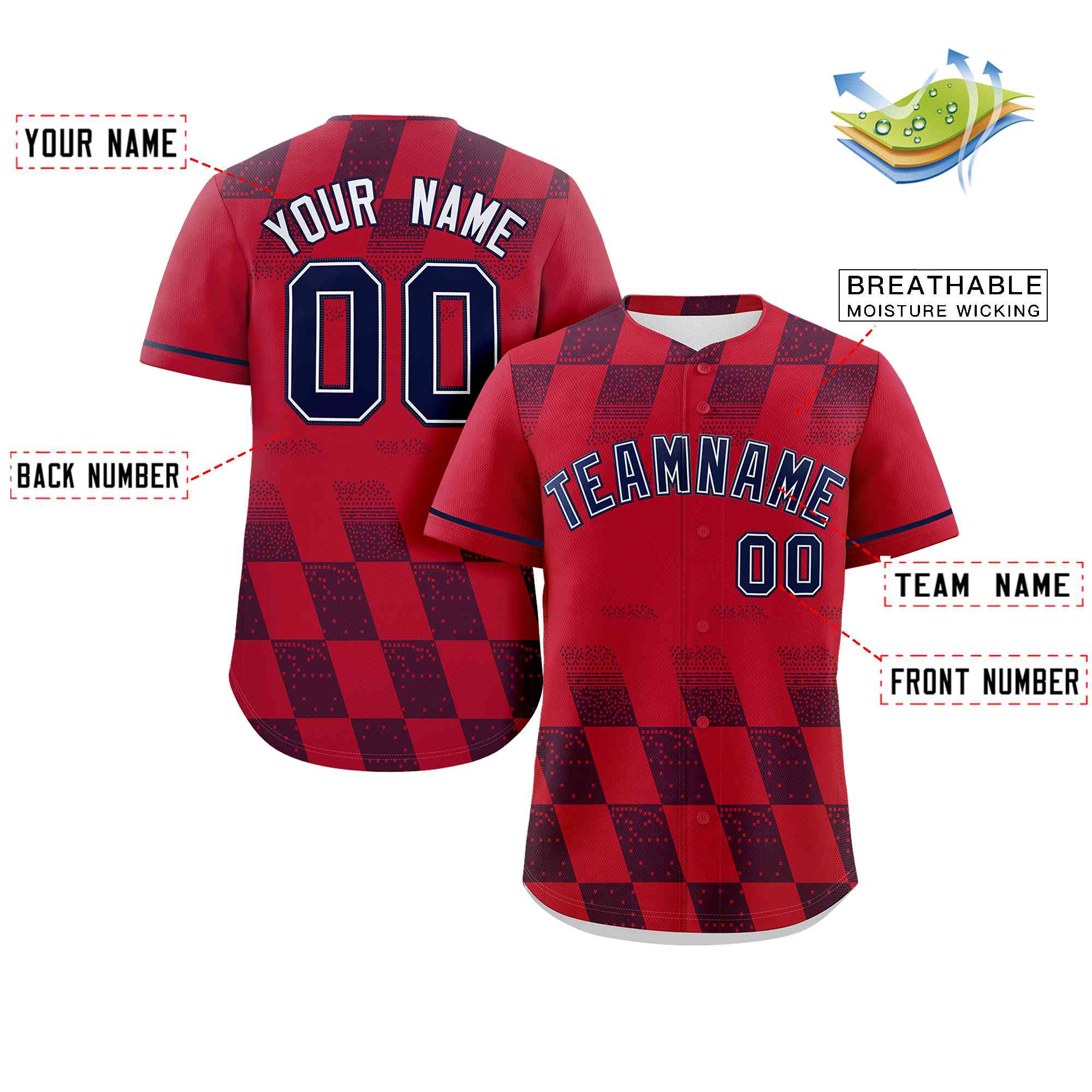 Custom Red Navy Grid Speckles Color Block Design Authentic Baseball Jersey