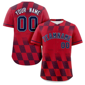 Custom Red Navy Grid Speckles Color Block Design Authentic Baseball Jersey