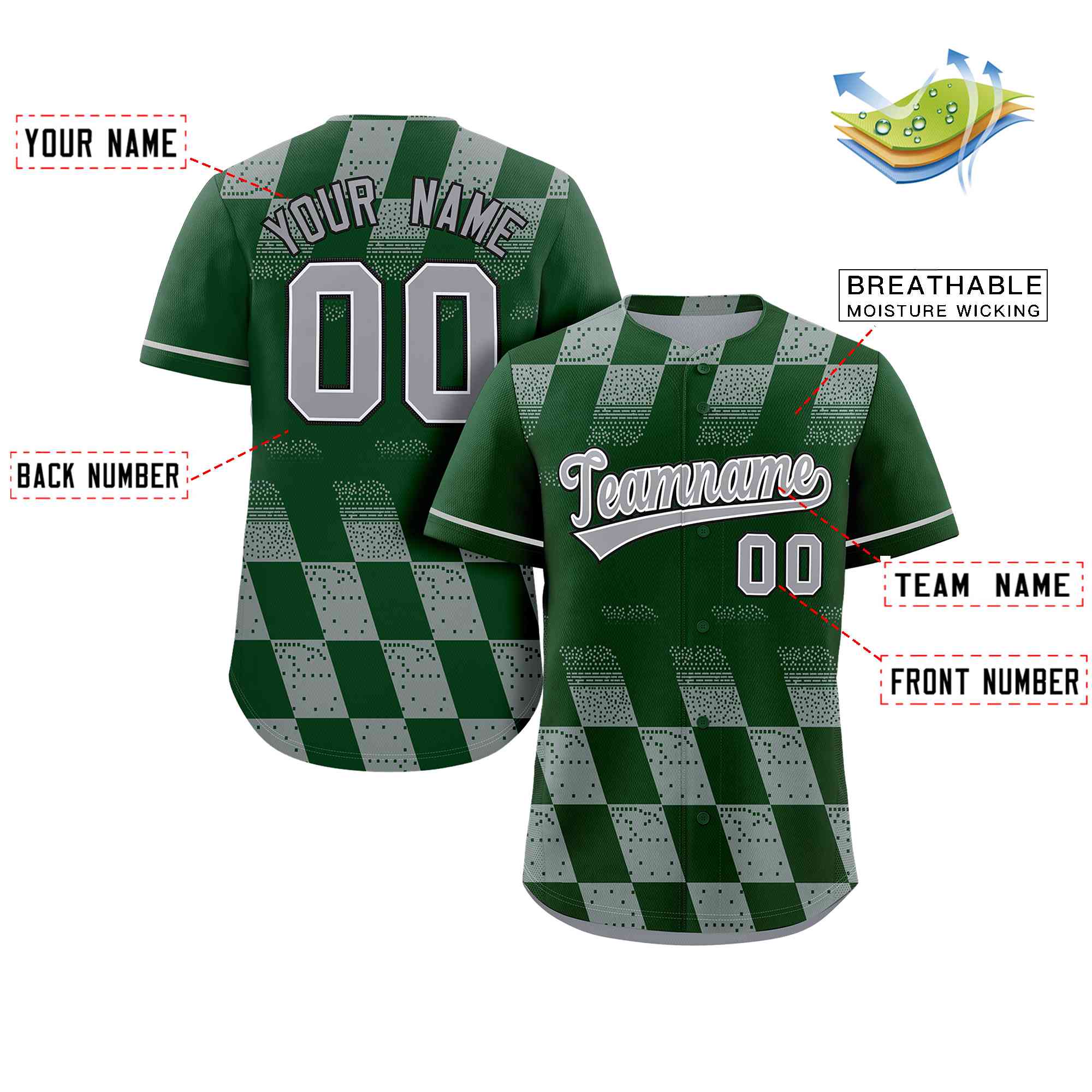 Custom Green Gray Grid Speckles Color Block Design Authentic Baseball Jersey