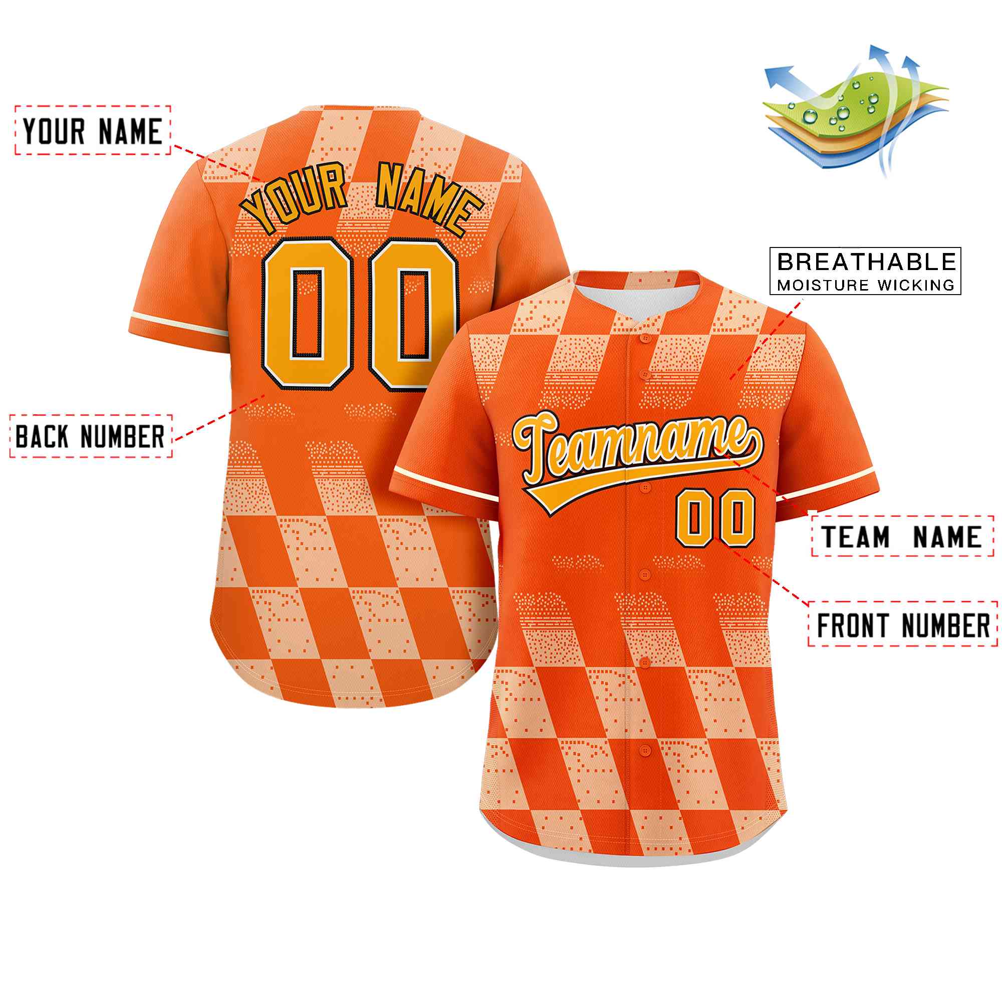 Custom Orange Cream Grid Speckles Color Block Design Authentic Baseball Jersey