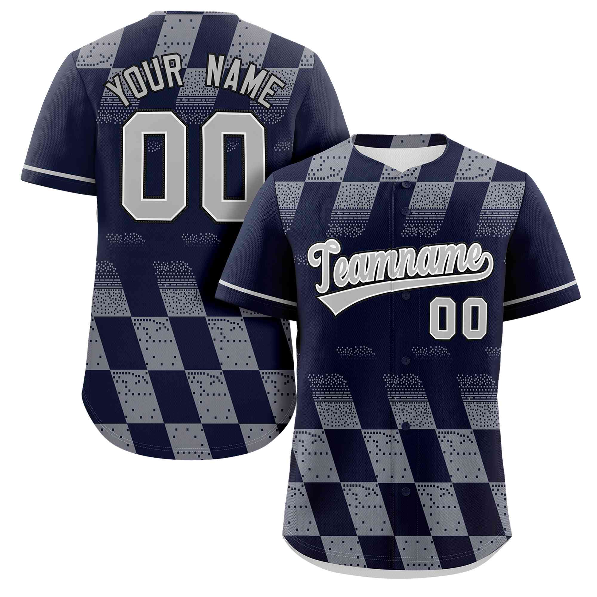 Custom Navy Gray Grid Speckles Color Block Design Authentic Baseball Jersey