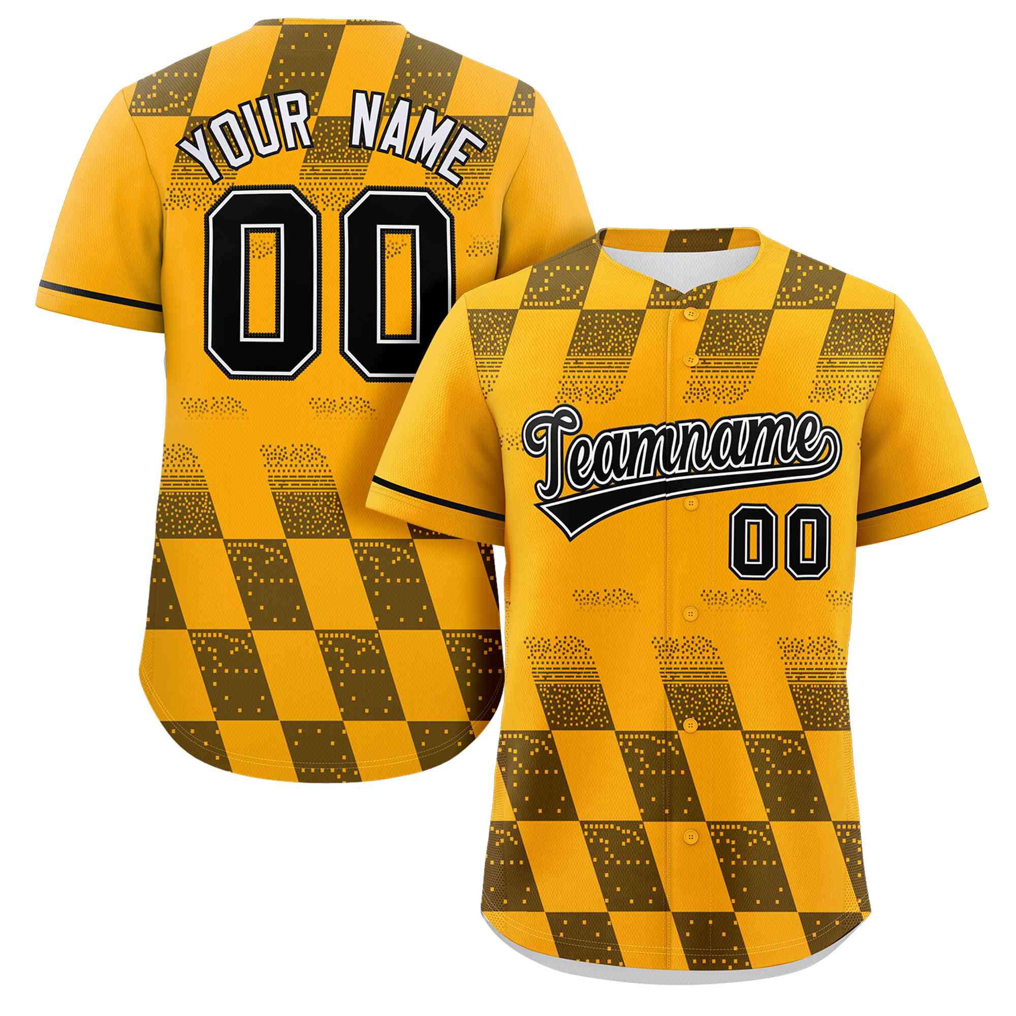 Custom Gold Black Grid Speckles Color Block Design Authentic Baseball Jersey