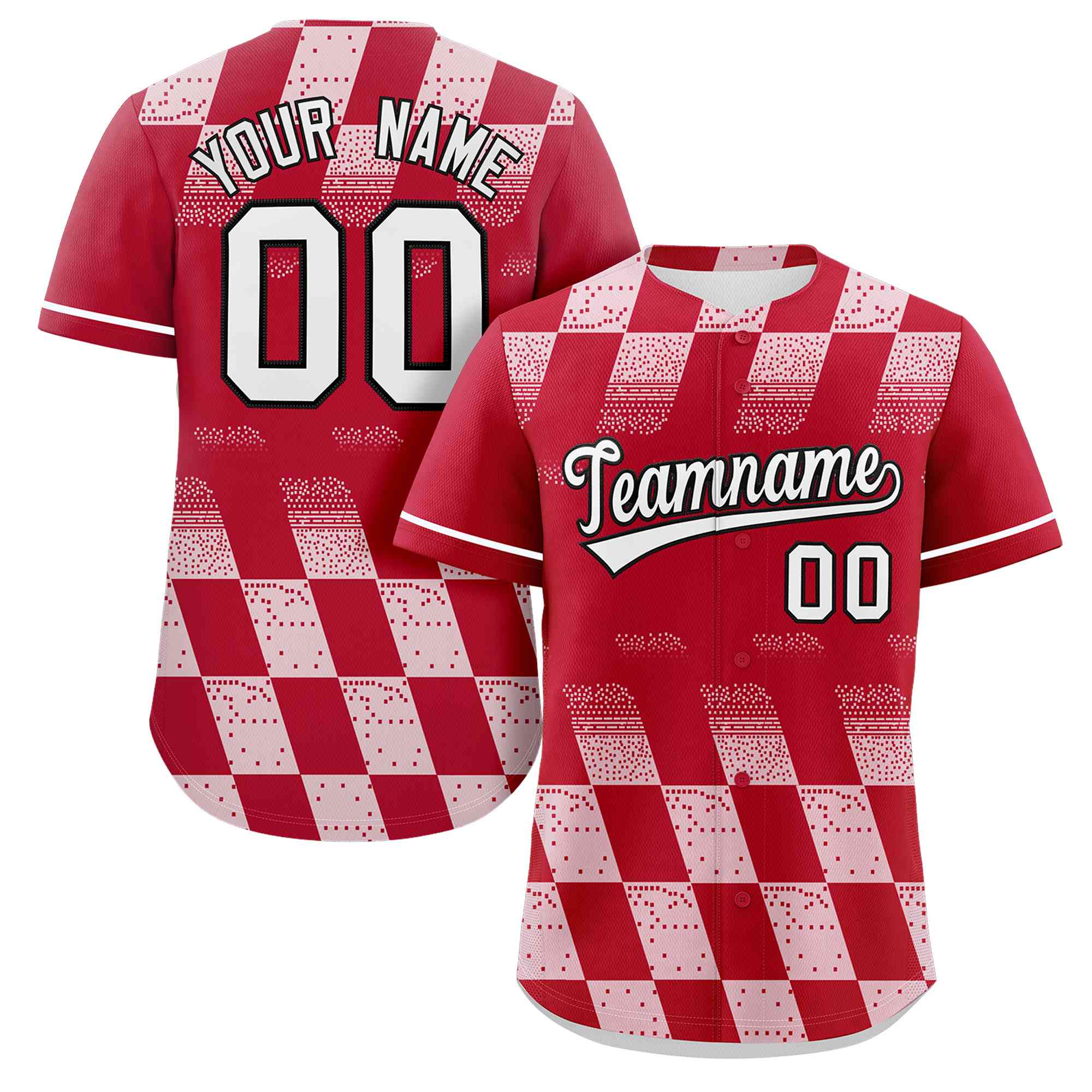 Custom Red White Grid Speckles Color Block Design Authentic Baseball Jersey