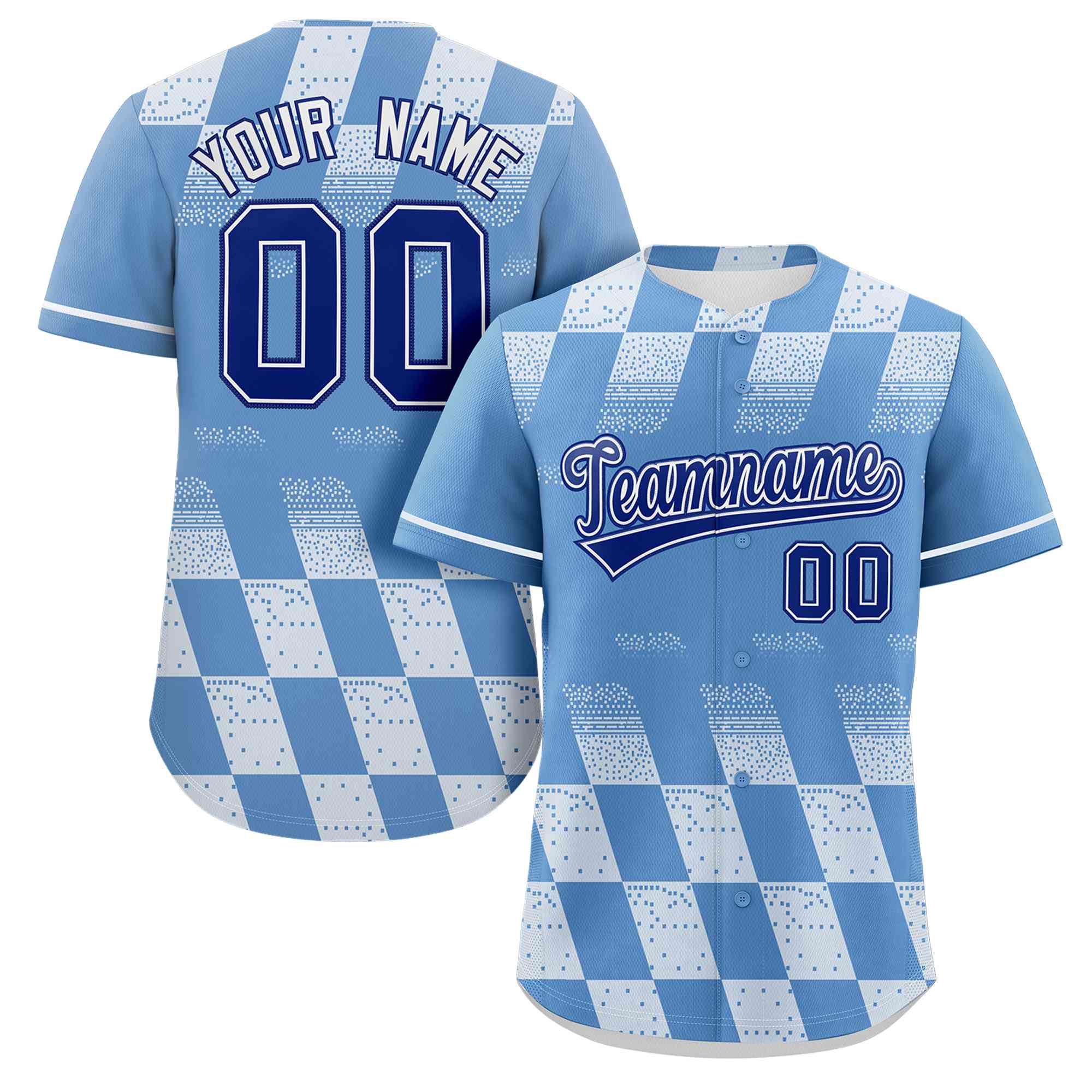 Custom Powder Blue White Grid Speckles Color Block Design Authentic Baseball Jersey