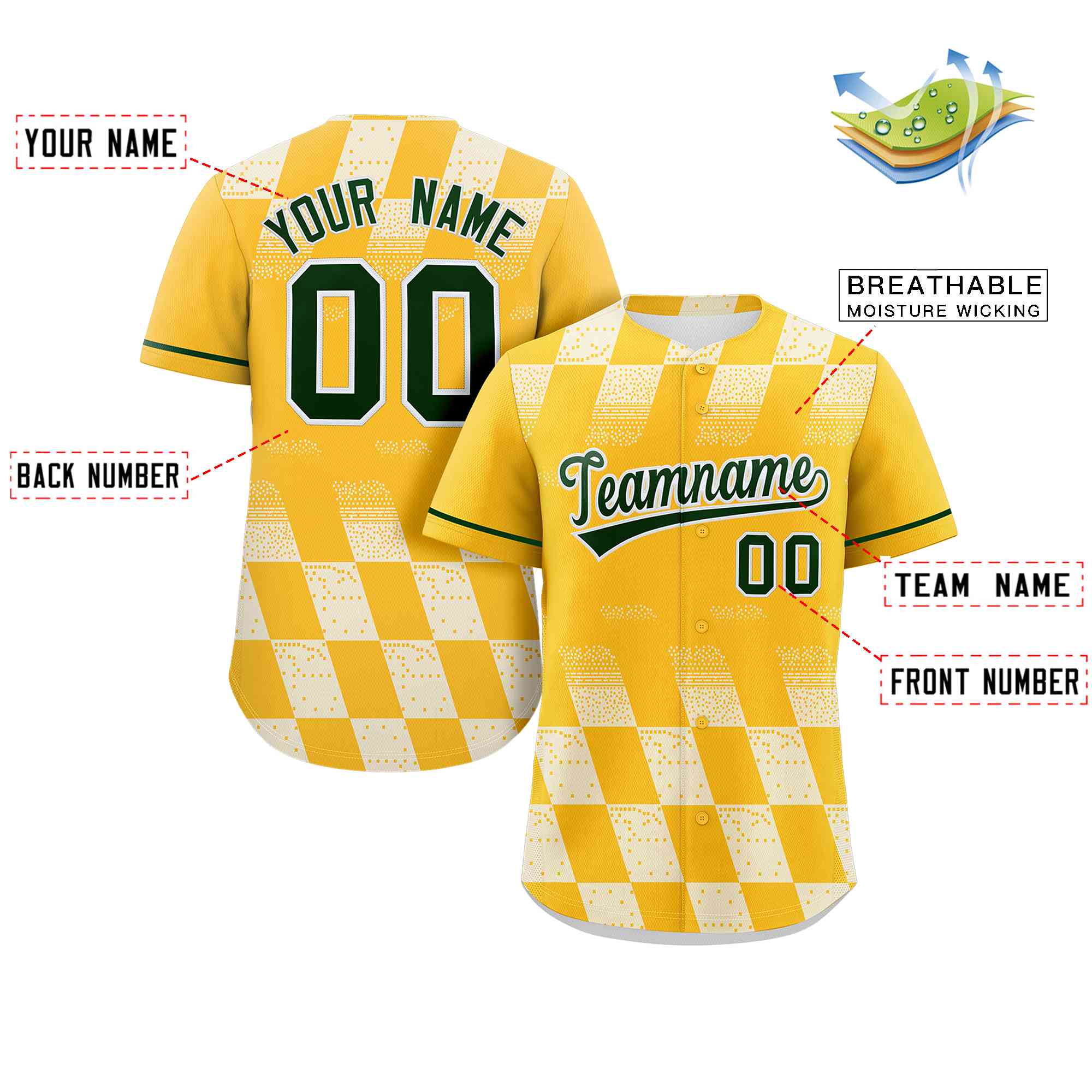 Custom Gold White Grid Speckles Color Block Design Authentic Baseball Jersey