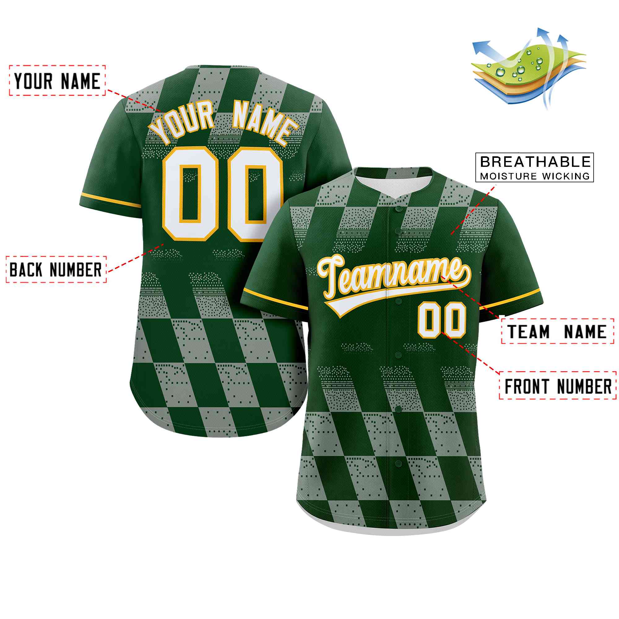 Custom Kelly Green Gray Grid Speckles Color Block Design Authentic Baseball Jersey