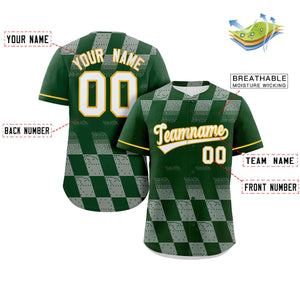 Custom Kelly Green Gray Grid Speckles Color Block Design Authentic Baseball Jersey