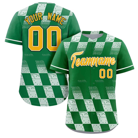 Custom Kelly Green White Grid Speckles Color Block Design Authentic Baseball Jersey