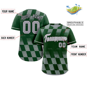 Custom Green Gray Grid Speckles Color Block Design Authentic Baseball Jersey